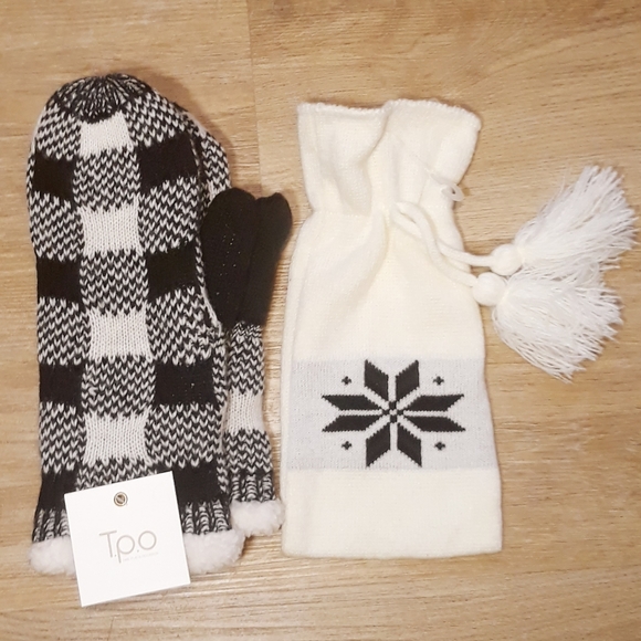 TPO Checkered Wool Blend Mittens with Sherpa Lining + Knit Snowflake Bag - Picture 9 of 12